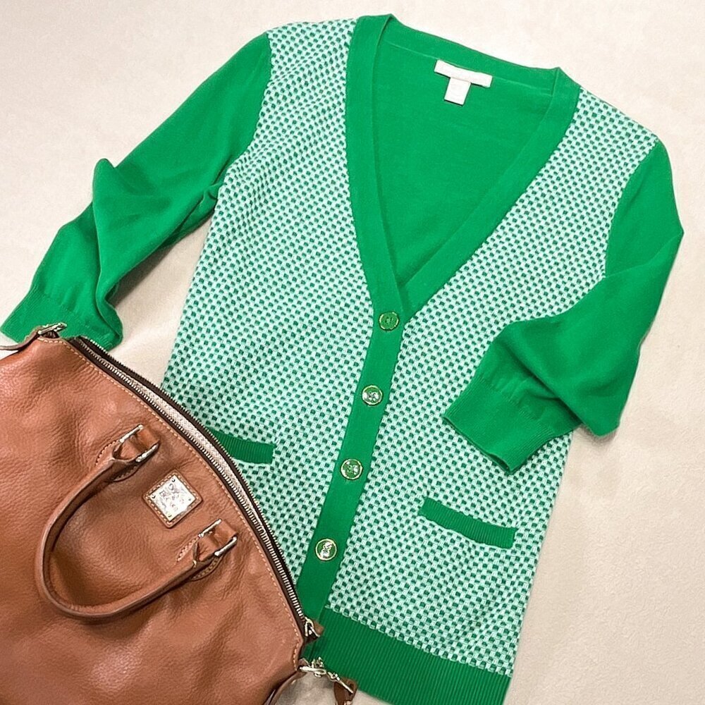 Banana Republic Green and White V Neck Textured Cardigan #399111-00, Size: S